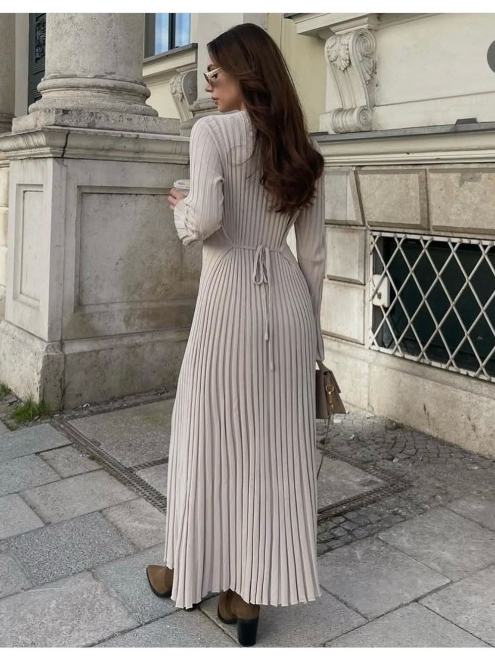 DISSH Ada Long Pleated Cream Maxi Dress with Tie Back